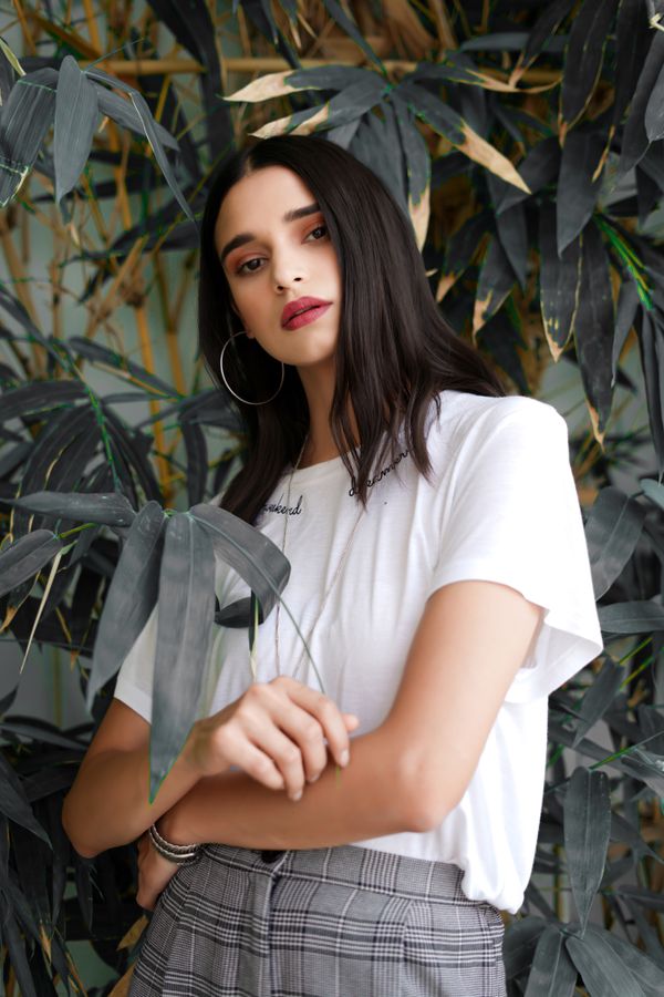 White tee with a-line skirt church outfit