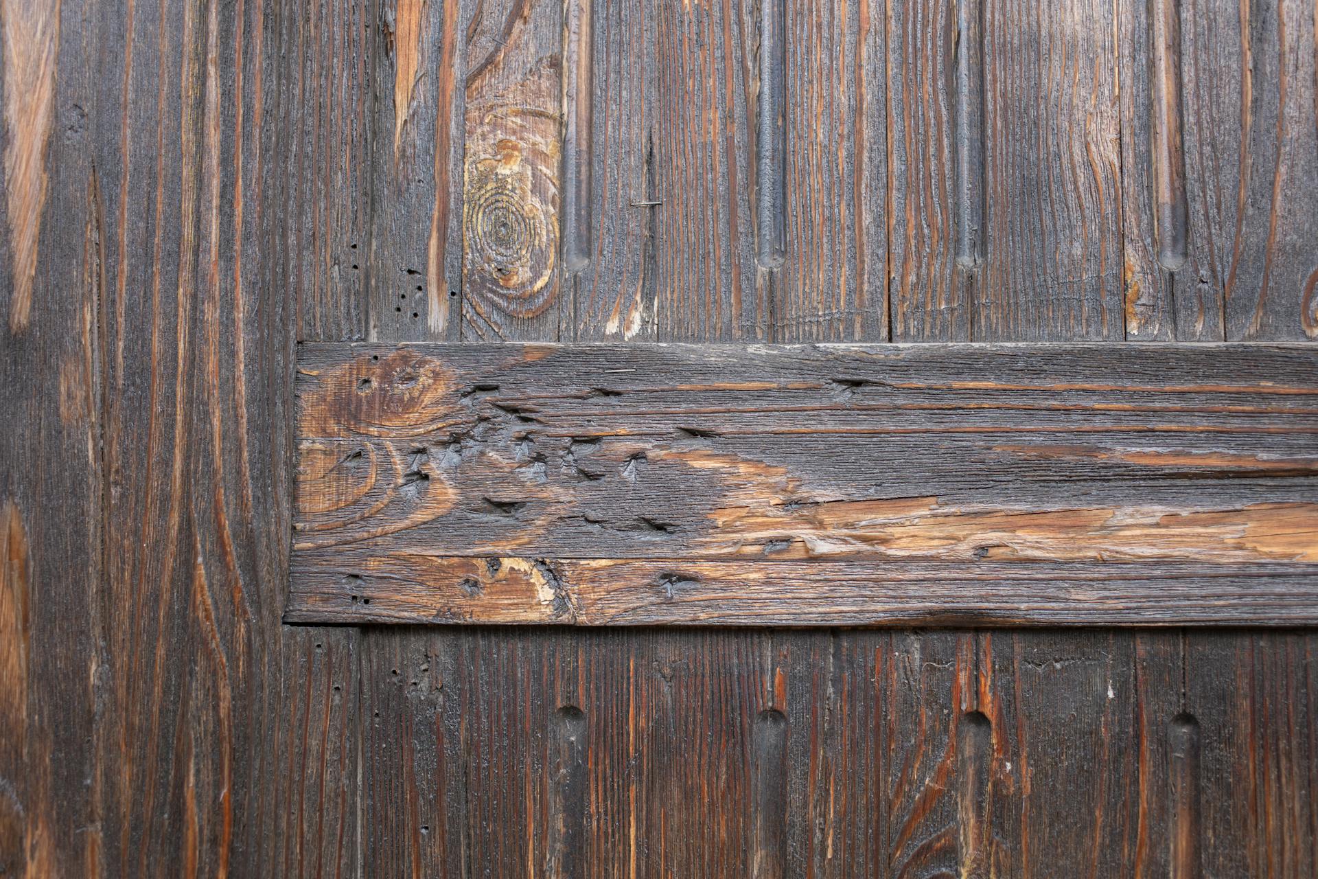 Textured background of weathered brown aged wooden wall with scratches and holes differently directed boards