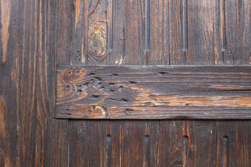 Mur en bois vieilli avec trous et rayures causés par des insectes — Traitement vrillettes en Gers