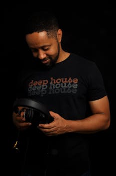 African American man smiling and holding headphones in a studio setting, wearing a deep house t-shirt.