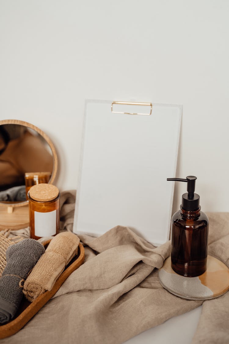 Brown Pump Bottle With Bathroom Utensils