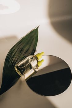 Stylish dropper bottle on a mirror with leaf reflection, perfect for cosmetic product design.
