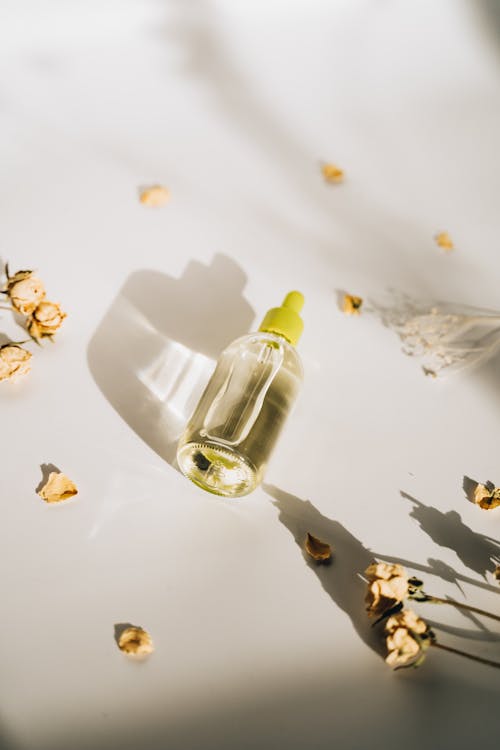 Photos gratuites de bouteille en verre, flatlay, fleurs séchées