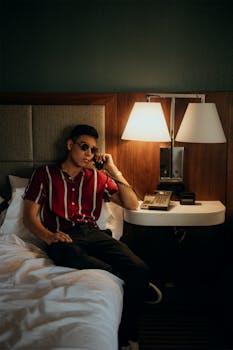 A man in sunglasses sits on a bed making a phone call in a stylish hotel room.