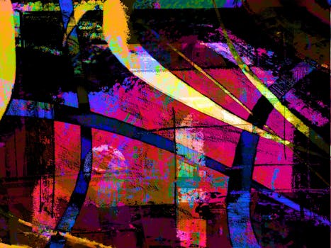 Colorful abstract art piece featuring vivid geometric patterns and multicolored stripes.