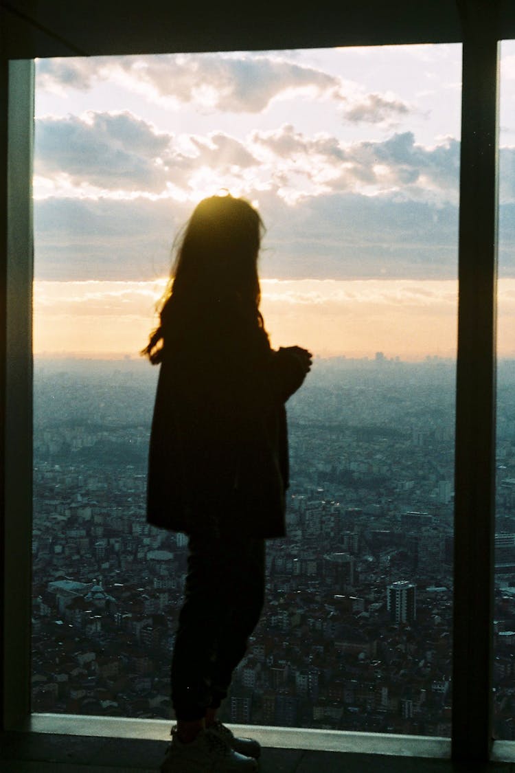 Anonymous Lady Standing Alone Near Window And Admiring Cityscape