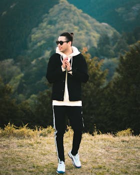 A fashionable man standing outdoors in a stylish casual outfit, surrounded by nature.