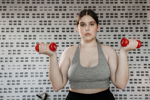 Confident woman exercising indoors with red dumbbells, focusing on strength training and fitness.