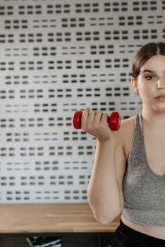 Half-portrait of a young woman in a tank top holding a red dumbbell, emphasizing fitness and health.