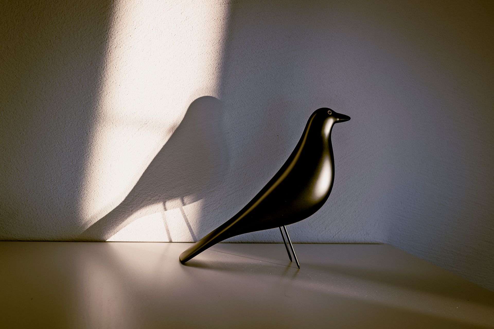Elegant black bird sculpture casting shadow on minimalist wall.