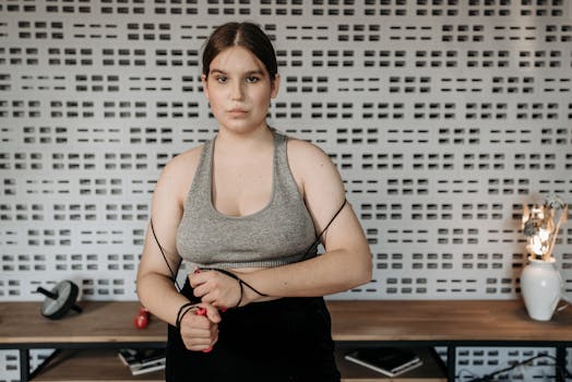 Focused young woman holding a jump rope in a modern indoor gym setting.