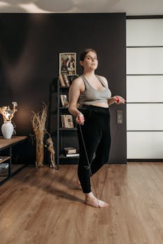 Young woman in workout attire using a jump rope inside a modern living room setup.