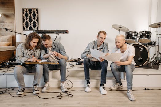 A group of musicians rehearsing indoors with guitars, drums, and sheet music.