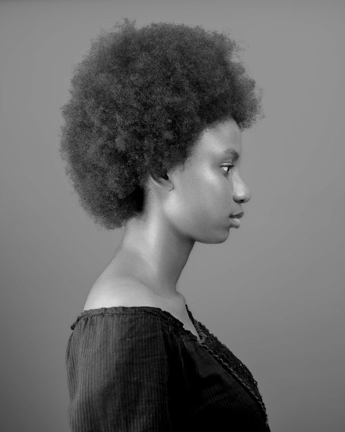 Free Profile portrait of a woman with an afro in black and white. Stock Photo