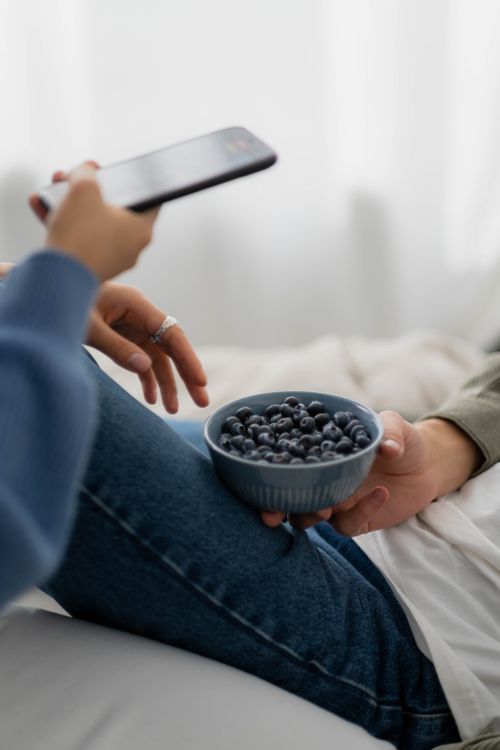 Free Two people relaxing with a bowl of fresh blueberries, one holding a phone. Cozy indoor scene. Stock Photo