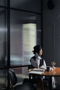 A fashionable woman in a fedora sits in a modern cafe setting, exuding elegance and style.