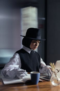 Woman in a black hat and hijab working on a laptop with a notebook.