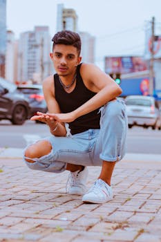 A trendy young man poses confidently in urban streetwear on a bustling city pavement.