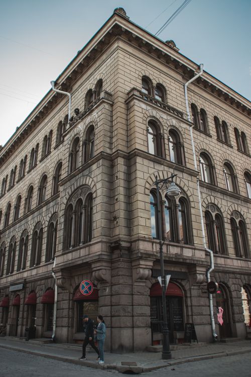 Free Corner view of an old historic building in Vyborg, Russia, showcasing its architectural details. Stock Photo