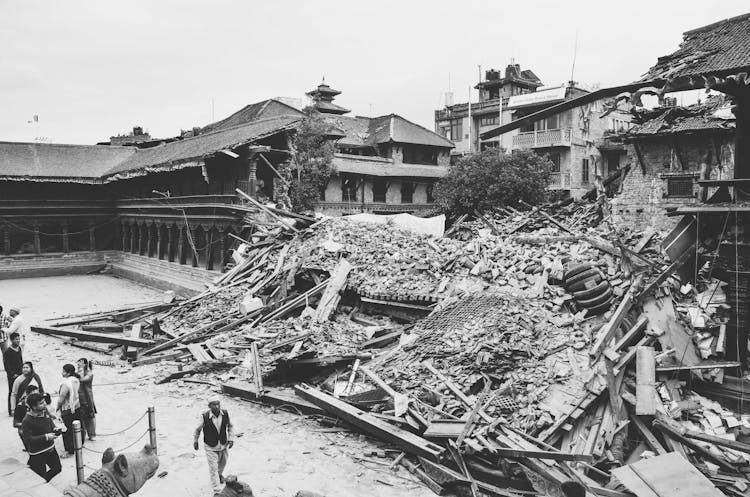 A Grayscale Of The Aftermath Of An Earthquake