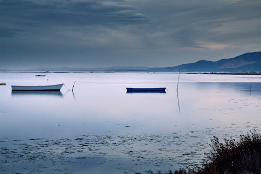 Peaceful landscape featuring boats on a calm lake with mountains in the background.