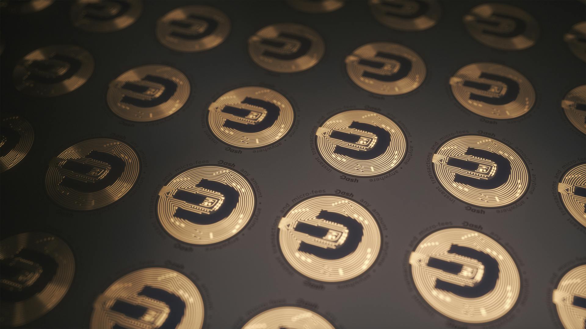 Multiple Dash cryptocurrency coins with intricate details on a dark background, showcasing digital finance.