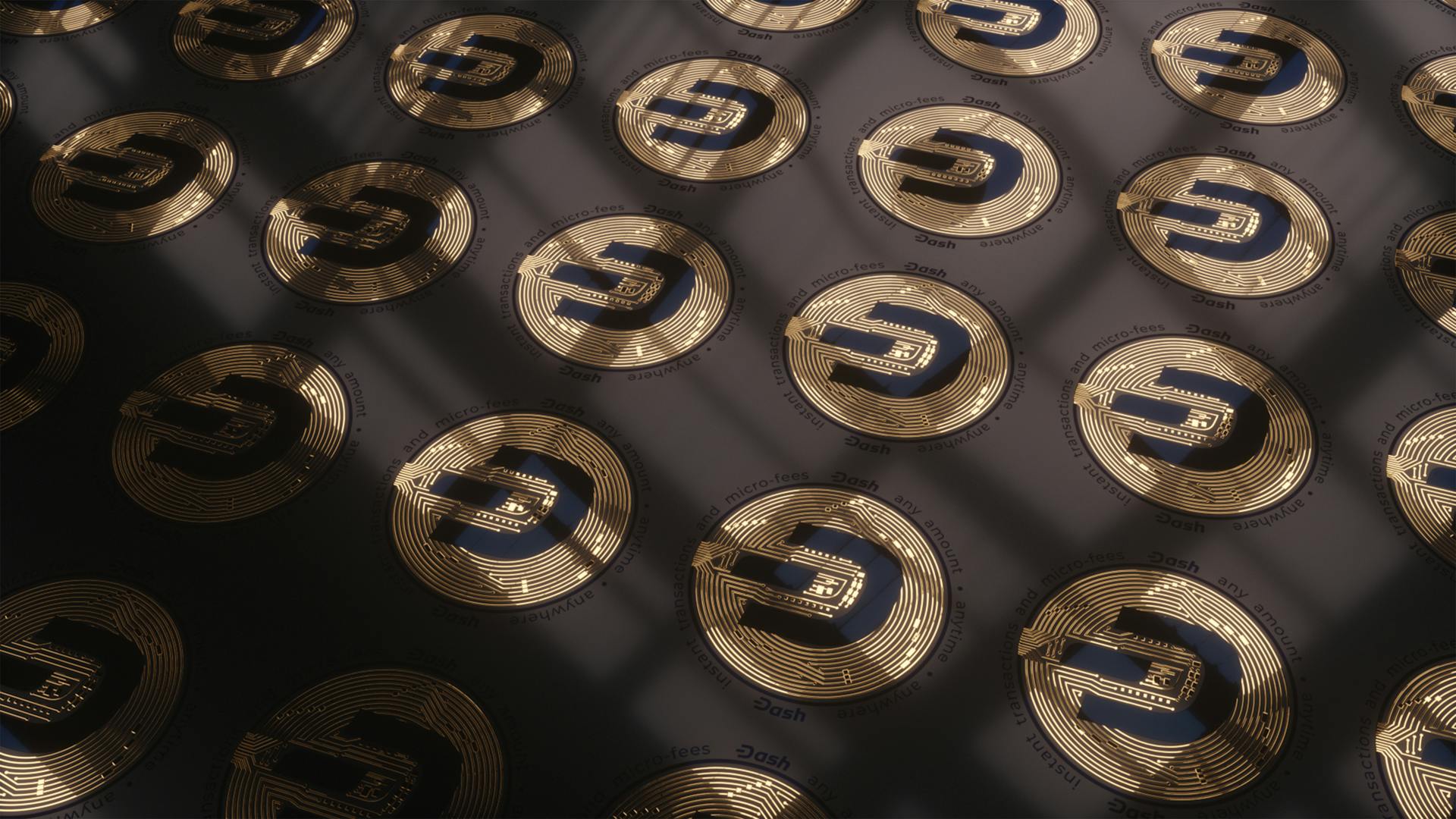 Close-up view of Dash cryptocurrency coins arranged in a pattern with dramatic lighting.