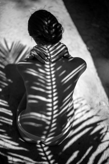 Artistic black and white photo of a woman sitting under palm shadows, creating a unique pattern.