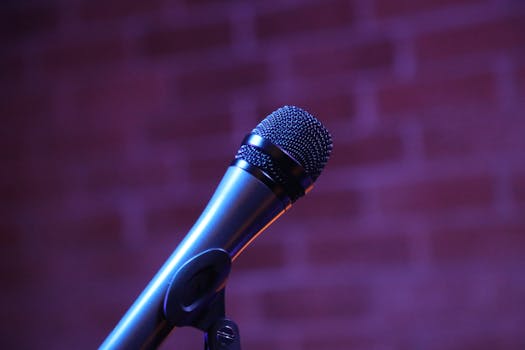 A detailed view of a microphone set against a blurred brick wall, perfect for music and podcast themes.