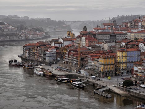 Stunning aerial view of Porto's colorful waterfront buildings along Douro River in Portugal.