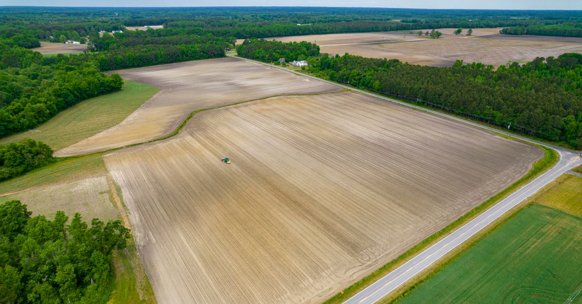 Scenic aerial view of vast farmland in North Carolina, highlighting agricultural fields and rural landscape.