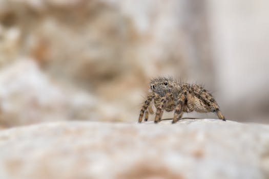 Macro shot of a jumping spider with a blurred natural background in Corfu, Greece.