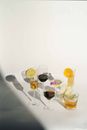 Glasses of alcohol cocktails and drinks in studio