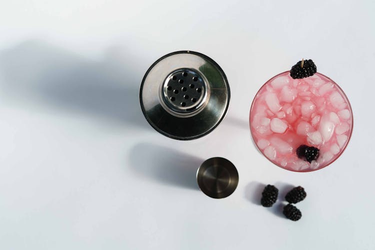 Blackberry Cold Cocktail Near Metal Shaker