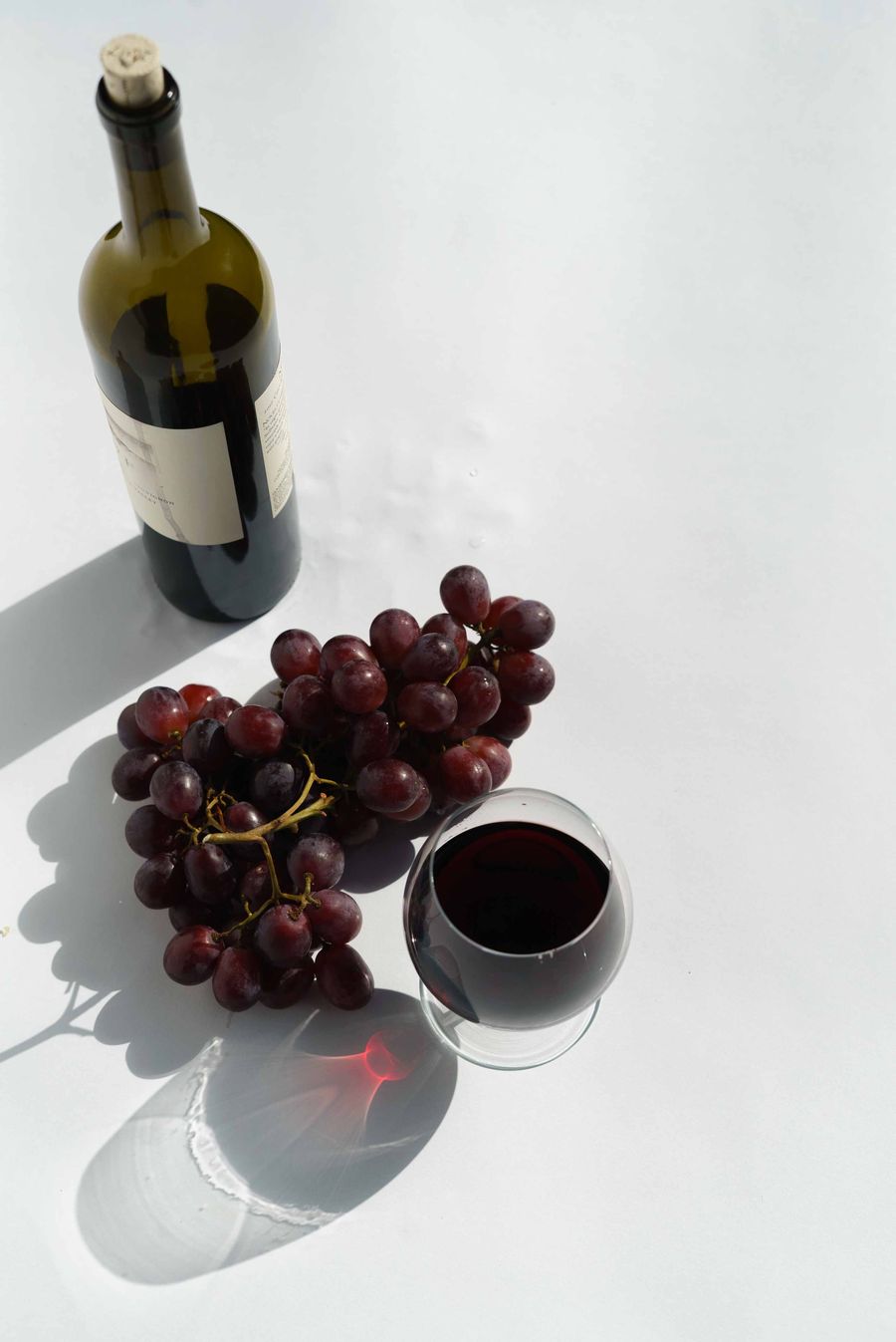 Bottle and glass of red wine beside ripe grapevines