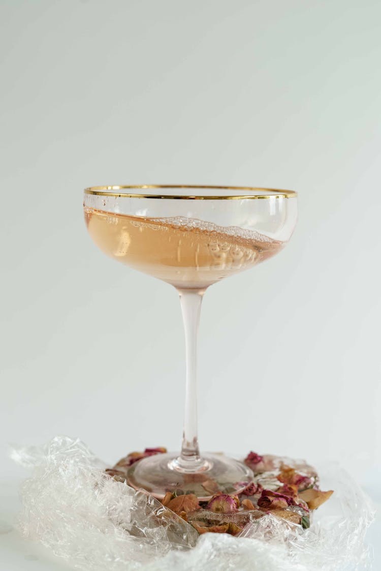 Glass Of Sparkling Champagne On Ice And Dried Plants