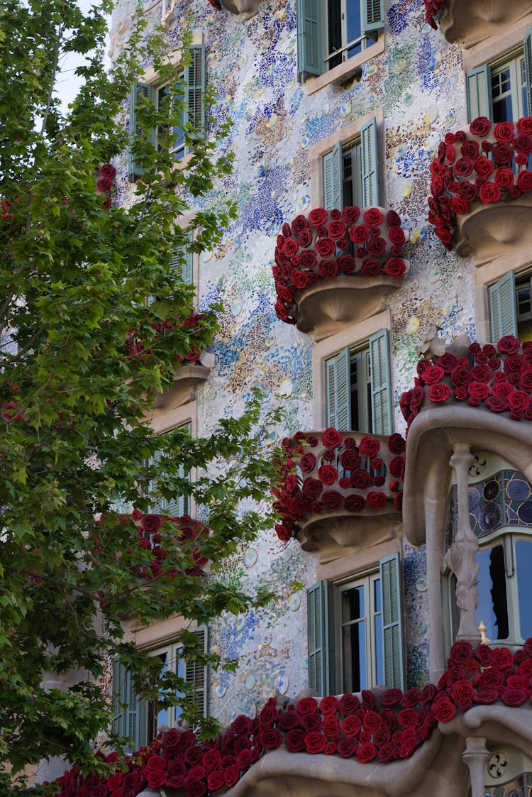 Red Roses Decorated On Balconies Of A Building