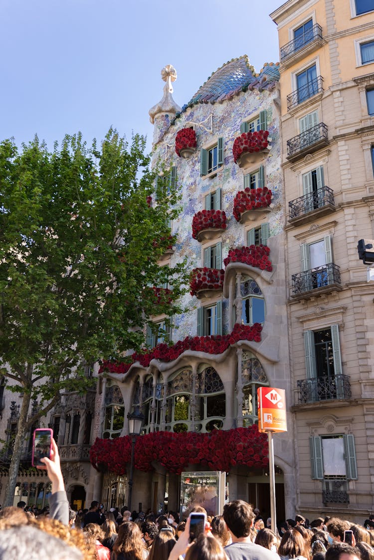 Red Roses Decorated On Balconies Of A Building