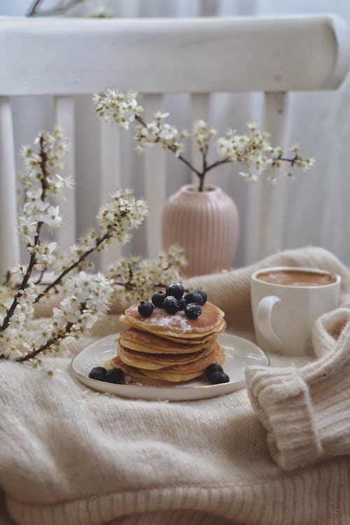 Free Stack of Pancakes with Blueberries on White Plate Stock Photo