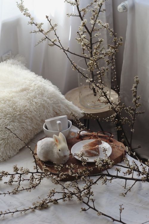 Free Wooden tray with decorative bunny and cake placed on bed with cushion during Easter holiday in light room with blooming branches Stock Photo