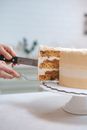 Crop unrecognizable person with knife cutting delicious fresh cake with cream and frosting served on white stand in light kitchen