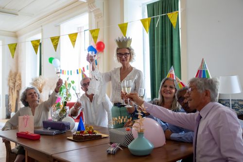 Free Seniors enjoying a festive birthday party with decorations, toasting, and gifts. Stock Photo