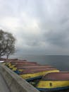 Red and Blue Wooden Boats on Gray Concrete Dock Near Body of Water
