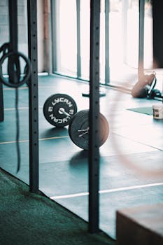 A solitary barbell rests on the gym floor, illuminated by natural light.