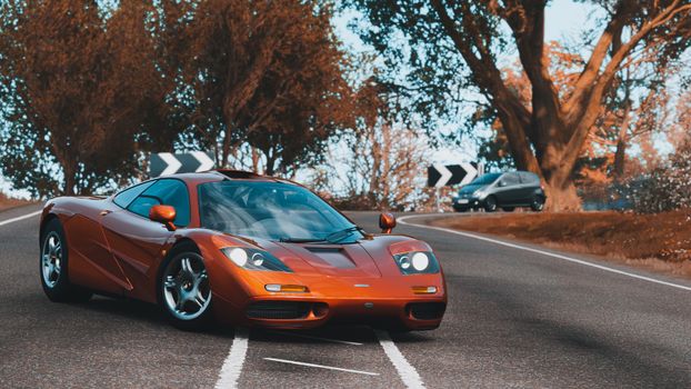 Red sports car parked on a scenic curve surrounded by autumn trees, showcasing luxury and speed.