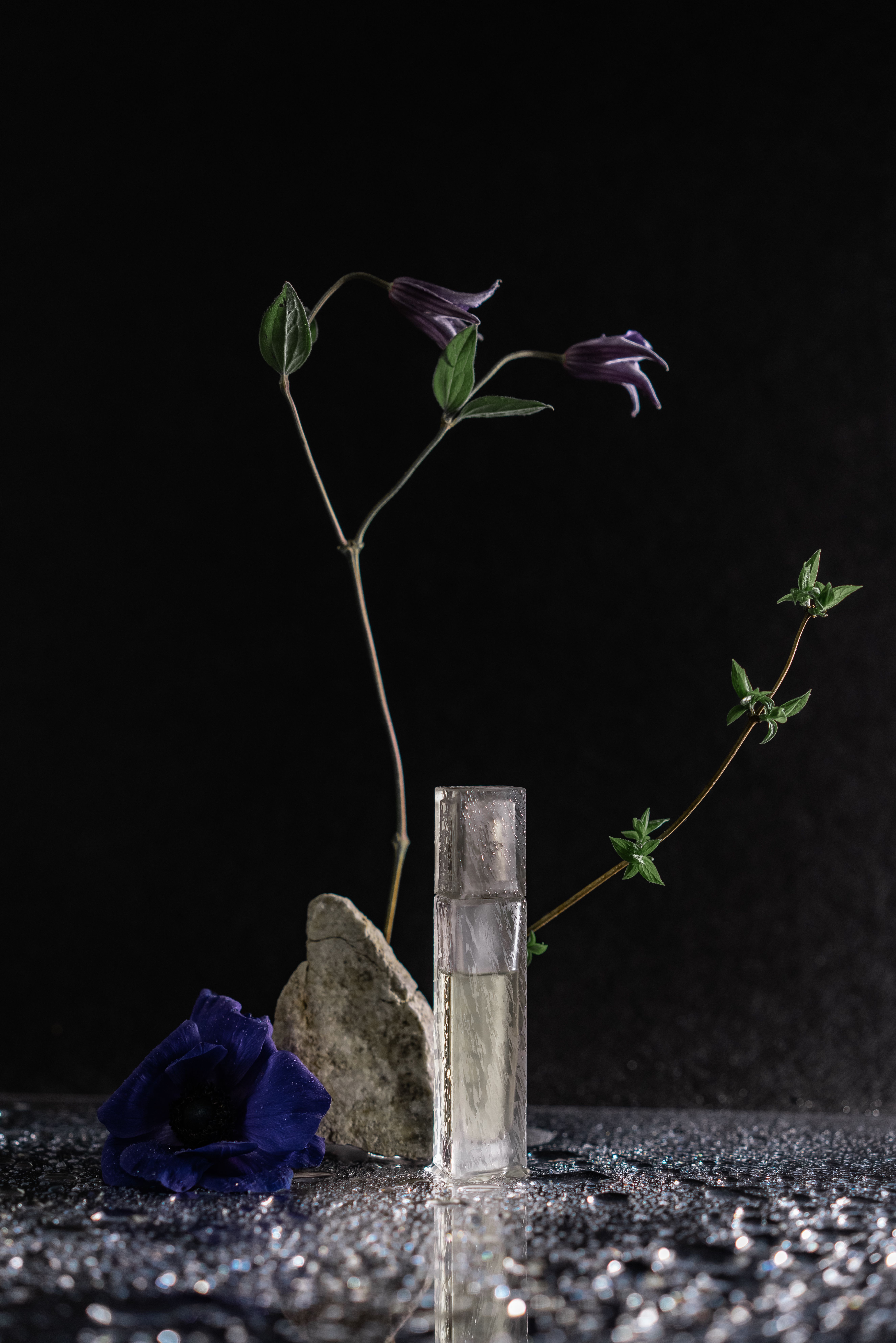 Chic perfume bottle with purple flowers on a dark glass surface, modern elegance.