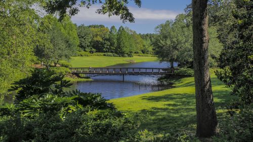 Free A peaceful wooden bridge spans over a scenic pond surrounded by vibrant greenery in Theodore, Alabama. Stock Photo