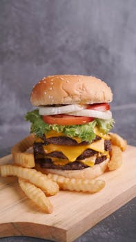 Mouthwatering double cheeseburger with fresh toppings and crinkle-cut fries on a wooden board.