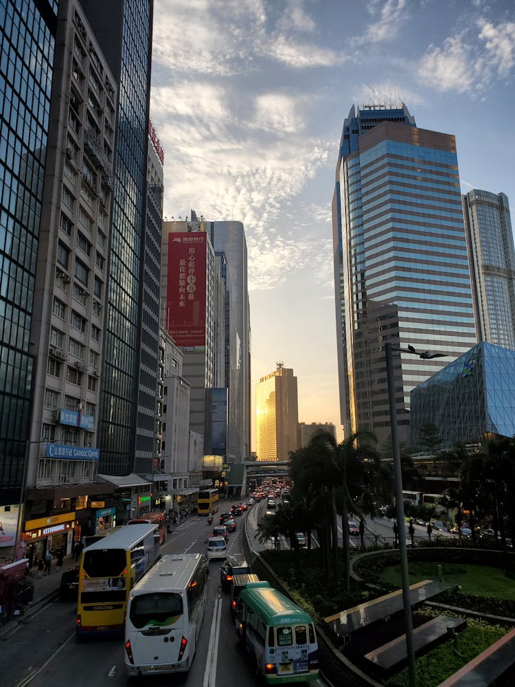 Busy Road In City Under Blue Sky