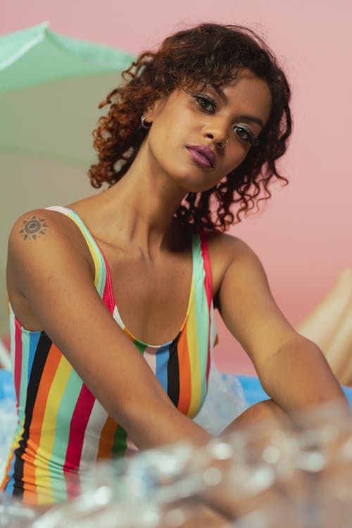 Woman Wearing Striped Swimsuit